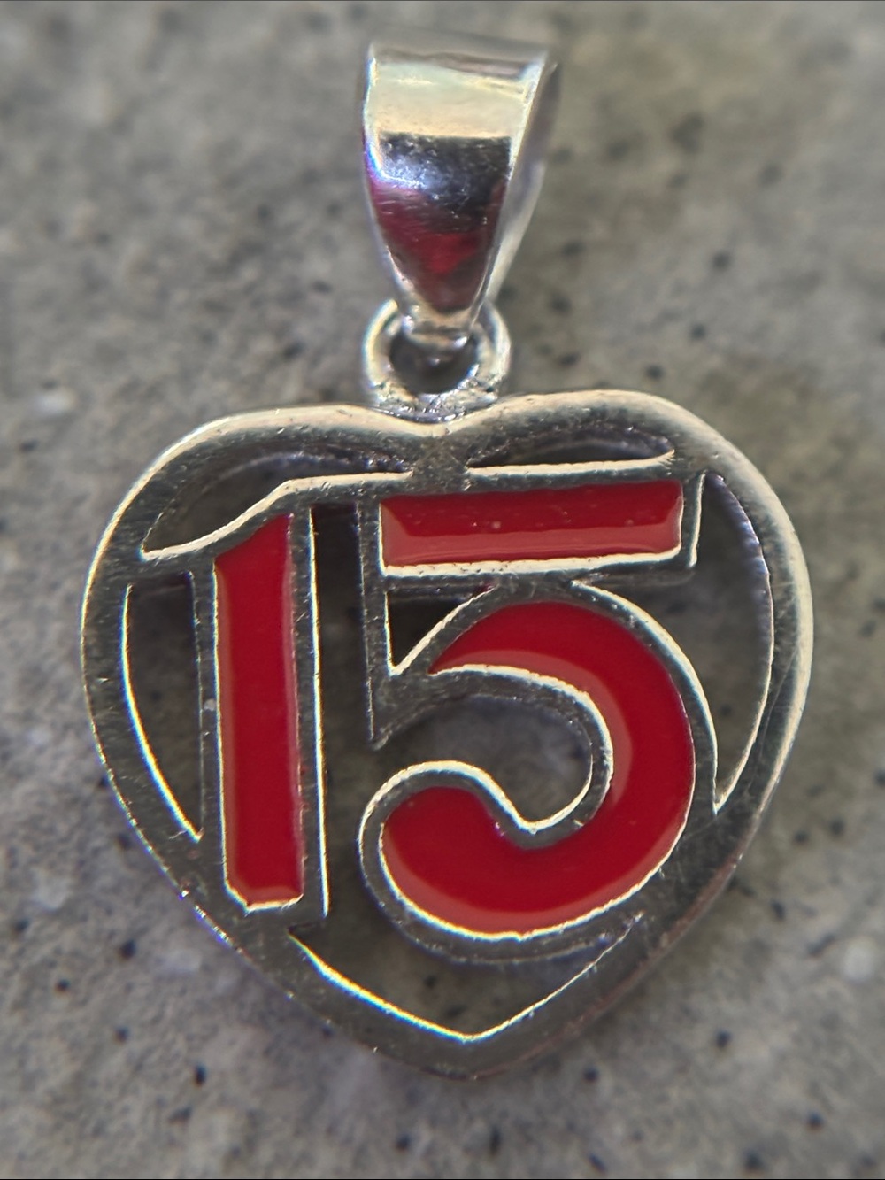 .925 Sterling Silver vtg NUMBER 15 pendant charm Quinceneara Red Enamel 18mm